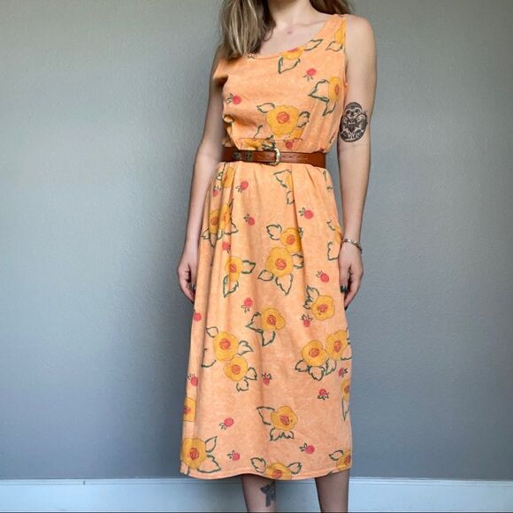 Vintage 90s Styleworks Novelty Fruit Peach Summer Maxi Tank Cotton Dress Sz L - Picture 1 of 14
